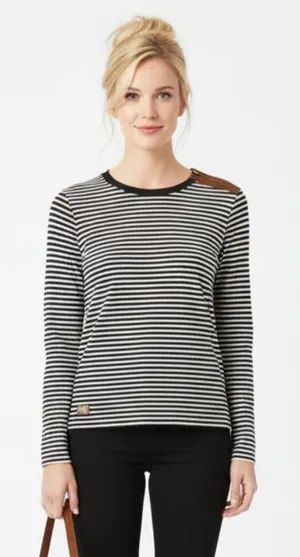 Lauren RL Black & White Striped Leather Elbow Patch Long Sleeve Tee L thumbnail 1