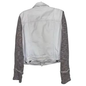 Free People White Distressed Denim Jacket Knit Sleeves Indie Sleaze Crop M thumbnail 2