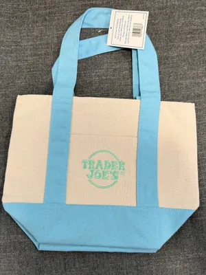 VIRAL: Trader Joe's Cream Tote with Light Blue Trim thumbnail 2