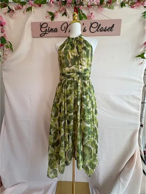 Vince Camuto Women's Green Leaf Print Halter Dress Size 6 thumbnail 2