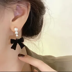 NEW Elegant Black Bow Dangle Earrings with Faux Pearl Accents, Trendy Earrings thumbnail 2
