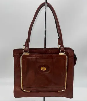 Vintage Don Quixote Brown Leather Satchel Purse w/Gold Trim Top Zipper Closure thumbnail 1