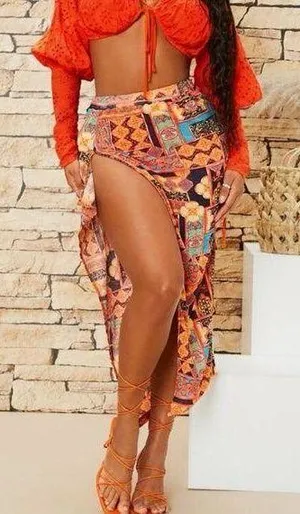 Orange print slit midi mini skirt thumbnail 1