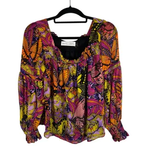 Alexandra Farmer for Anthropologie Butterfly Floral Smocked‎ Blouse Pink XS Boho thumbnail 1