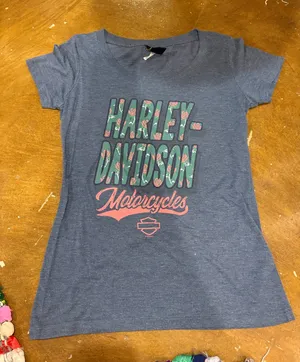 Harley-Davidson Blue Tee with Green Floral Lettering and Pink Script thumbnail 1