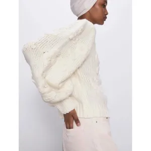 ZARA White Floral Embroidered Puff Sleeve Knit Sweater Blogger Favorite Small thumbnail 4