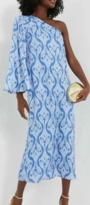 Tuckernuck Hyacinth House Luna Blue One Shoulder Satin Midi Dress - size Large thumbnail 1