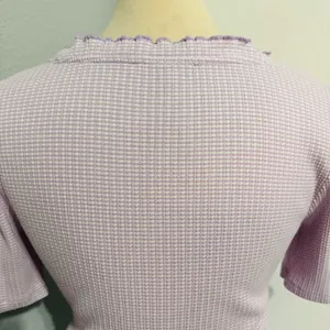 LOFT Women Lilac‎ Y2K Textured Waffle Scoopneck Pointelle Ruffle Henley Top Sz L thumbnail 7