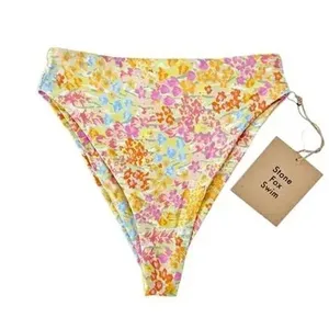 NWT Stone Fox Swim Sumatra Flower Fields High Waist Bikini Bottom XS Yellow Pink thumbnail 13