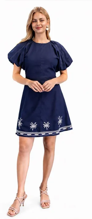 GIGIO Palm Tree Embroidered Linen Mini Dress Bubble Sleeve Medium thumbnail 1