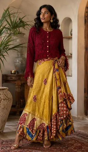 Indian Silk Reversible Wrap Skirt Yellow thumbnail 1
