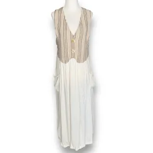 Vintage 90s Linen Rayon Colorblock Maxi Dress Boho Neutral Cottage Patch Pockets thumbnail 3