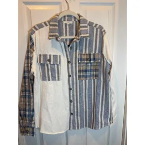 Easel Mixed Media Patchwork Plaid Striped Star Button Down Shirt Blue Size Small thumbnail 4