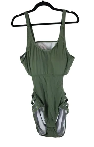 Womens One Piece Swimsuit Open Back Cutouts Removable Cups Olive Green XL thumbnail 1