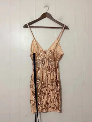 PrettyLittleThing Rose Gold Sequin Sheer Panel Bodycon Mini Dress Size 4 NWT thumbnail 4