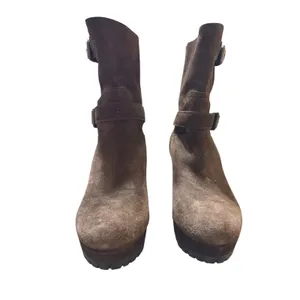 Prada Sport Brown Suede Double‎ Buckle Wedge Lug Sole Mid Calf Moto Boots 37.5 thumbnail 4