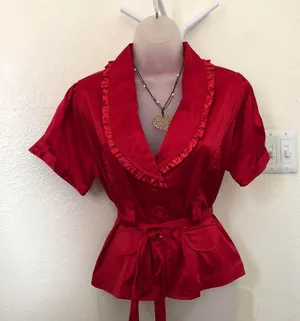 2000s Y2K Romantic Red ruffle button up fitted blazer blouse shirt belted waist short sleeve #whimsygoth #coquette Size L- Measurement in pics thumbnail 1