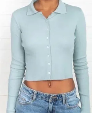 Brandy Melville Sage Green Ribbed Button-Up Top thumbnail 1