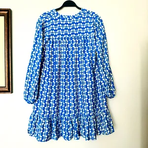 Zara Paula Blue/White Geometric Long Sleeve Mini Swing Dress Size Medium thumbnail 9