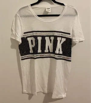Victoria’s Secret Pink Black & White Sequin Logo T-Shirt Size L New W/O Tag thumbnail 1