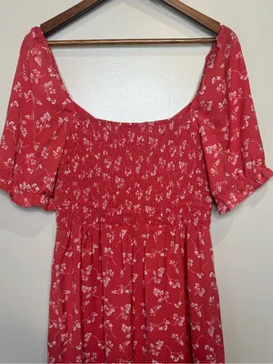 Abercrombie & Fitch Red Ditsy Smocked Floral Print Puff Sleeve Mini Dress thumbnail 10
