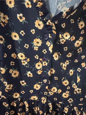 Crimson Floral Midi Dress Womens L Navy Blue Yellow Floral Ruffle Sleeve Boho thumbnail 5