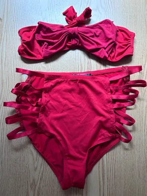 B45 New Womens AMI 2Pc Red Bikini Set High Waisted Strappy Large Waist 30-31" thumbnail 1