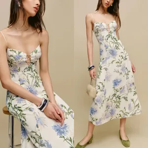Reformation Emely Dress Midi Length Serenity Ivory Lilac Floral Lace Up French 8 thumbnail 5