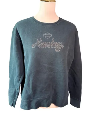 Harley Davidson Womens L Black Rhinestone Crewneck Sweatshirt York PA Y2K Biker thumbnail 1