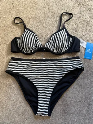 Cupshe Black White Aspirational Striped Wired Top Mid Rise Bikini Set Size M thumbnail 4