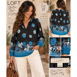 Loft Floral Border Print Split Neck Blouse Black Blue Boho Top Medium thumbnail 2