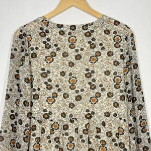 Melloday Babydoll Tunic Top Womens Size Small Tan Floral V-Neck Long Sleeve Boho thumbnail 5