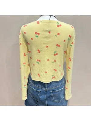 Hello Kitty Cardigan Sz M Yellow Ribbed Baby Doll Cropped Long Sleeve Button up thumbnail 3