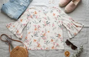 Tabitha Webb Floral Tiered Ruffle Bell Sleeve Blouse Cream Pink Orange Large‎ thumbnail 1