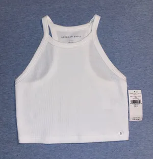 American Eagle Outfitters White Ribbed High-Neck Crop Top thumbnail 1