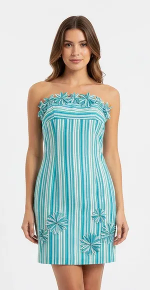 Muse Strapless Teal and White Dress with Floral Details thumbnail 1