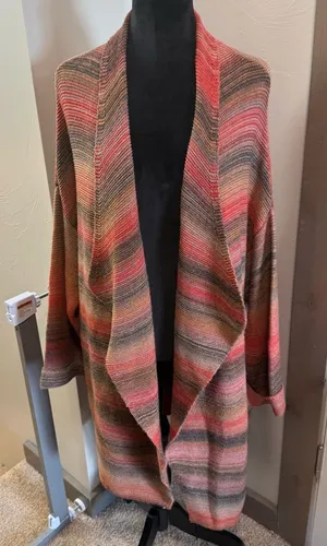 Sisters Open Front‎ Waterfall Knit Stripe Cardigan Sweater Fall Pink Orange Grey thumbnail 1
