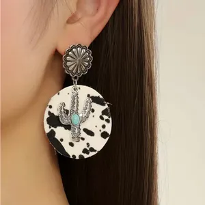 Cow pattern cactus‎ with turquoise decor dangle ethnic style earrings Black thumbnail 2