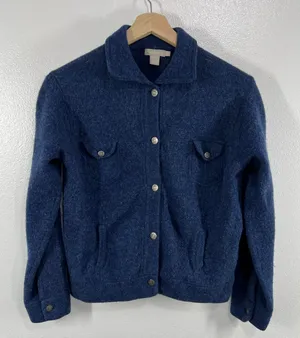 J.Crew Wool Bomber Style Jacket Women's Large‎ Navy Button Front Pocket Coat thumbnail 1
