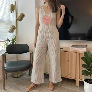 Boho Linen Blend Striped Jumpsuit with Embroidered‎ Flower Patch Wide Leg M thumbnail 4