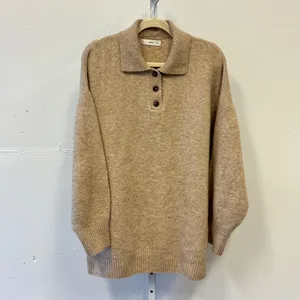 Mango MNG Women's Oversized Knit Polo Sweater Tan Marl Button Neck Large‎ thumbnail 2