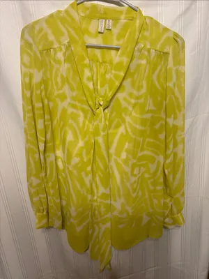Madison Yellow and White Tie-Neck Blouse thumbnail 2