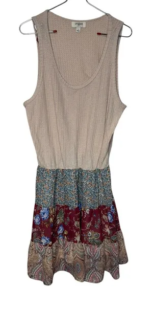 Umgee Women's Dress Tank Lined Floral Boho Tiered Waffle‎ Knit Scoop Neck Large thumbnail 1