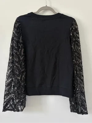 Anthropologie Maeve Black Tasha Lace Sequin Wide Sleeved Crewneck Sweatshirt S thumbnail 6