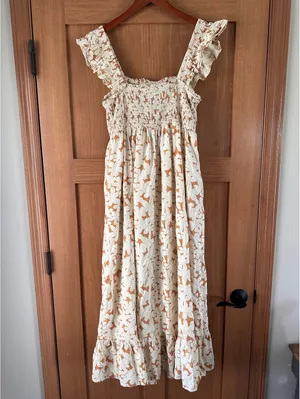 Doe and Rae Rust Floral Print Smocked Ruffle Sleeve Maci Dress Women’s Large thumbnail 6
