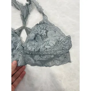 Aerie Grey Floral Lace Bralette‎ Racerback Strappy Lined Bra Size Medium thumbnail 2