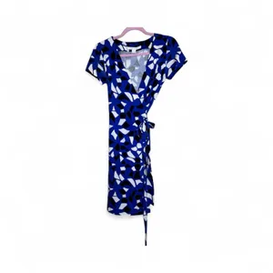 Diane Von Furstenberg Blue Mini Wrap Dress Womens 4 Cotton Silk Geometric Print thumbnail 3