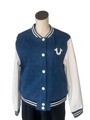 NWT True Religion $239 crystal wing denim varsity jacket Large Blue White Small thumbnail 6