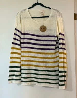 BiBi Cream Crewneck Sweater with Purple, Gold and Green Stripes thumbnail 1