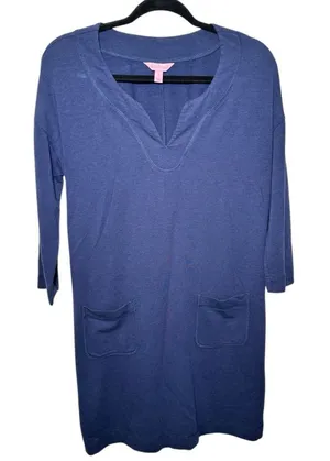 Lilly Pulitzer V Neck Joyce Tee‎ Shirt Navy Dress with Front Pockets Size Small thumbnail 1